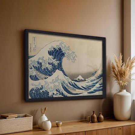 Quadro decorativo A Grande Onda de Kanagawa de Hokusai com moldura preta em parede bege